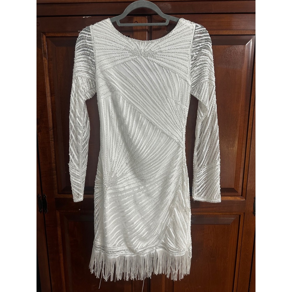 Lulus White Sequin Long Sleeve Fringe Mini Dress Bridal Cocktail V-Back Small